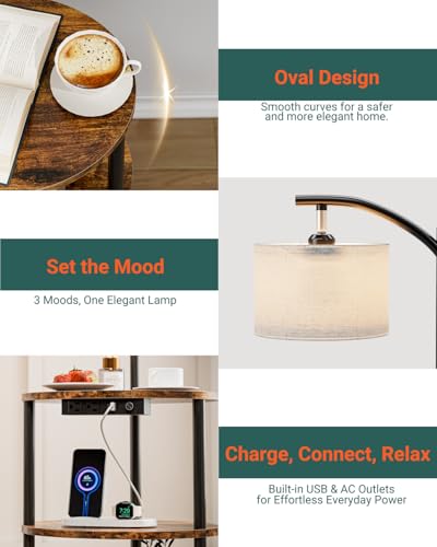 Round Side Table with Lamp and USB Ports, 3-Tier Small End Table for Living Room & Bedroom, Rustic Wood Metal Nightstand for Small Spaces, Easy to Assemble, Rustic Brown - color: Rustic Brown, size: 1-Pack, style: Built-in Charging + Lighting