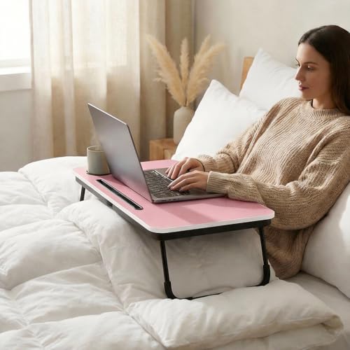 BUYIFY Foldable Laptop Bed Desk for Couch, Sofa - Large Lap Desk Tray Table with Cup Holder and Tablet Slot - Portable Notebook Stand for Eating, Writing, Studying and WFH (Pink) - color: Pink