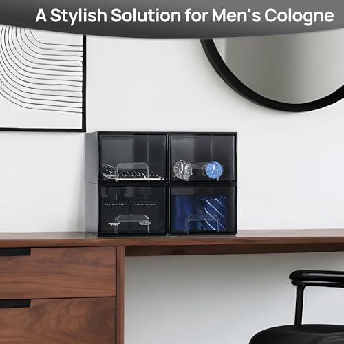 Vtopmart Black Small Stackable Storage Drawers, Cologne Organizer for Men,Plastic Containers for Vanity, Dresser,Office Desk,Bathroom Countertop Organization,Ideal for Room Decor,Gifts for Men - style: 4pack-Black