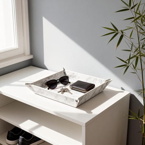 siduater Valet Tray Desktop Storage Organizer – Vegan Leather Catchall Bedside Vanity Tray Nightstand Caddy Holder for Remote Controller, Watch, Keys, Phone, Wallet, Coin, Jewelry, Marble White - color: Marble White