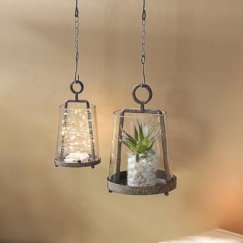 6" & 4" Wide Modern Farmhouse Metal Hurricane Candle Holder with Handmade Sturdy Glass Sleeve in Rustic Brown for Pillar Candle & Plants, Glass Hurricane Lantern, Industrial, Minimalistic - color: Brown, size: 6"x10" & 4"x7.5"