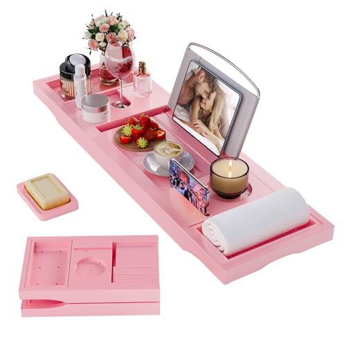 Foldable Bathtub Caddy Tray, Bamboo Bath Tub Tray Table for Tub with Wine Glass Holder Book Phone Tablet Holder with Extending Sides, Adjustable Bathroom Bathtub Free Soap Holder Gift Idea (Pink) - color: Pink