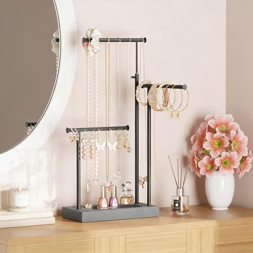 SRIWATANA Jewelry Organizer Display Extra Tall Necklace Holder 3 Tier Jewelry Tree Stand, Gift Idea (Weathered Grey & Black) - color: weathered grey