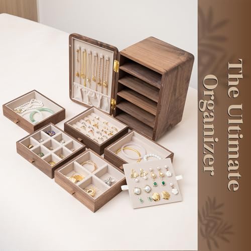 KINTNESS Black Walnut Wooden Jewelry Box - 5 Drawers Large Jewelry Organizer with Delicate Floral Pattern for Women, Side door Space for Necklace, Jewelry for Bracelet, Earing, Rings - style: Embroidered 5-Drawer Design