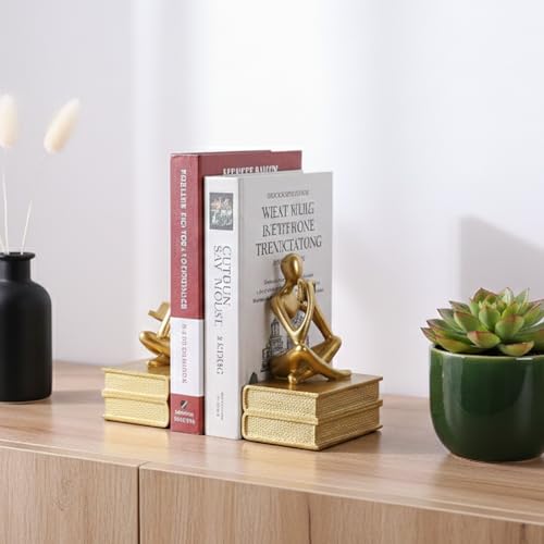 Abstract Resin Reader Bookends Set of 2,Modern Decorative Book Ends for Shelves,Unique Book Shelf Accents & Coffee Table Decor,Reading Bookend Statue for Home Office Library (Gold, Thinker Bookends) - color: Gold