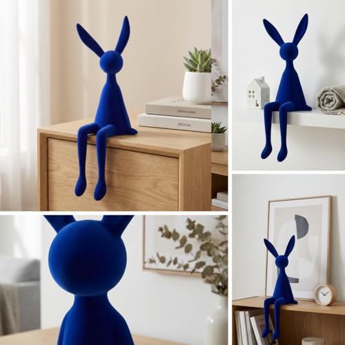 Klein Blue Flocked Bunny Figurine, Modern Sitting Rabbit Sculpture, Resin Abstract Animal Art Statue for Home Decor, Bookshelf Accent (Small)