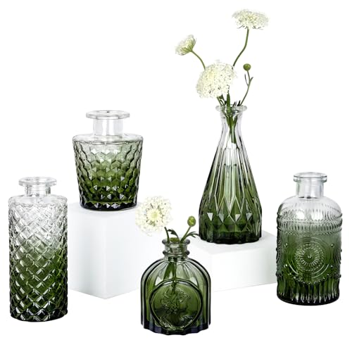 TBWIND Glass Bud Vase Set of 5, Small Green Flower Vases for Centerpieces in Bulk, Mini Vintage Vase for Wedding Decor, Single Flowers, and Home Table Décor - color: 5pcs-green