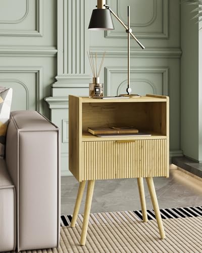 Veegle Nightstand,Modern Bedside Table with Storage Drawer and Open Wood Shelf, Accent Night Stand with Solid Wood Legs for Living Room, Bedroom and Small Spaces,Easy Assembly (Yellow Oak) - color: Yellow Oak