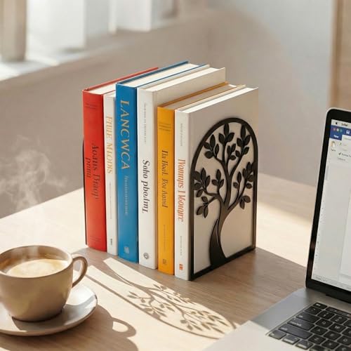 Sanwarm Metal Bookends Botanical Tree Book Ends Decorative Bookend for Home Office Library Desk Book Shelves Decor, Gift for Reading Enthusiasts Non-Skid Book Stoppers Holder (Black 2 Pair) - color: Tree