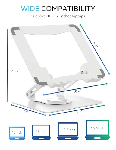 SOUNDANCE 360 Rotating Laptop Stand, Ergonomic Computer Riser for Desk, Adjustable Height Multi-Angle Metal Holder, Foldable Portable Notebook Elevating Base for Office & Home, White - color: White
