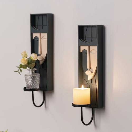 Set of 2 Boho Wall Decor, Modern Abstract Face Candle Sconces, Artistic Sculptural Design, 17.7 x 4.33 x 5.1 inches, Blackish Green - color: Blackish Green