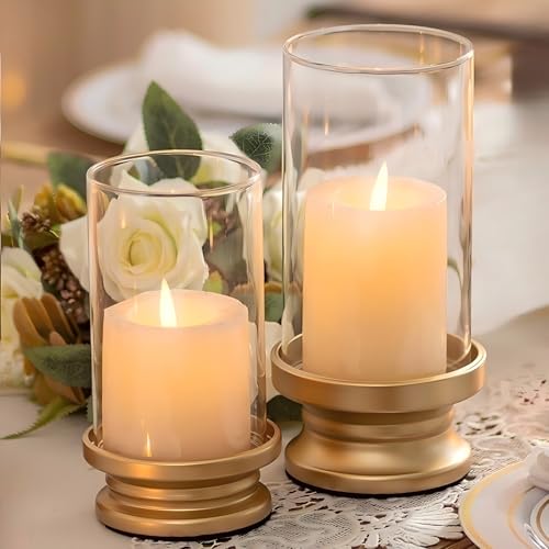 NUPTIO Hurricane Candle Holder Gold: Pillar Candle Holders with Clear Glass Sleeve - Set of 2 Decorative Brass Metal Pillars Stand for Dining Table Centerpiece Shelf Fireplace Mantel Decor - color: Gold