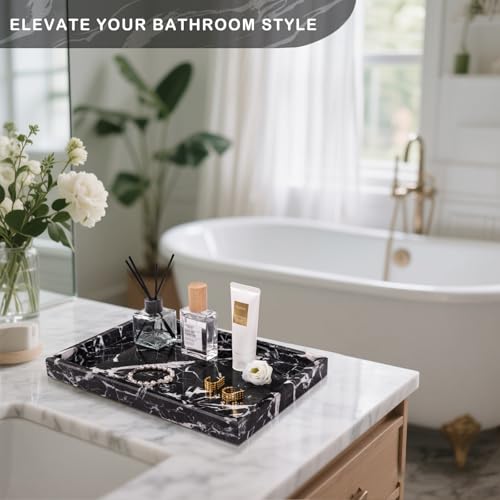 Marble Bathroom Tray for Countertop & Home Decor, Natural Decorative Marble Tray for Jewelry & Perfume Organizer, Luxury Stone Vanity Trays for Dresser, Kitchen Counter, 12" x 8", Black - color: Black