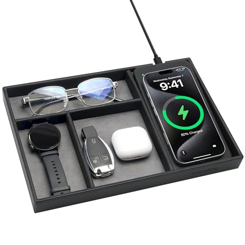 Valet Tray, Built in Wireless Charging Pad, Nightstand Organizer, Two-Toned Premium Vegan Leather Desk Bedside Caddy Organizer Tray for Keys, Watch, Wallet, Jewelry (Black+Gray) - color: Black+Gray