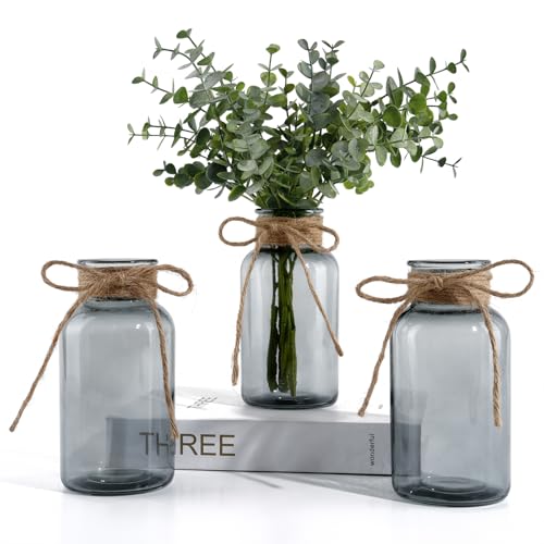 Vintage Glass Vases for Flowers, Set of 3 Grey Vases for Farmhouse Wedding Centerpiece Cylinder Bottle for Reception Table Decoration Home Decor Floral Arrangements - color: Gray, size: Large-3Pcs