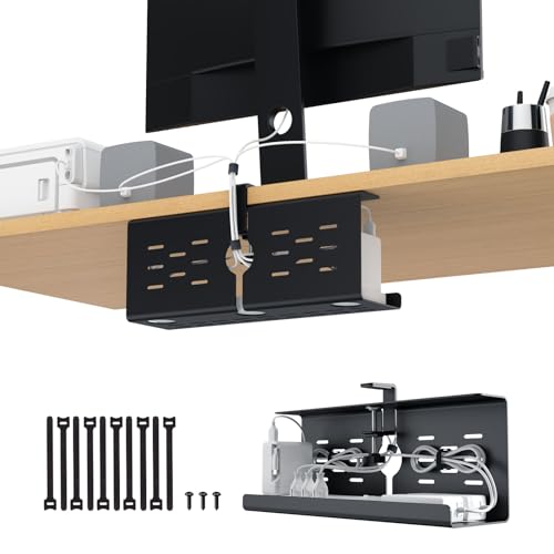 KEEGH 16'' Under Desk Cable Management Tray, No Drill Clamp/Screws Mount, Sturdy Metal Cable Tray for Place Power Strip, Cord Management Tray for Home Office, Gaming Desk, Standing Desk, 1 Pack, Black - color: Black, size: 1 Pack