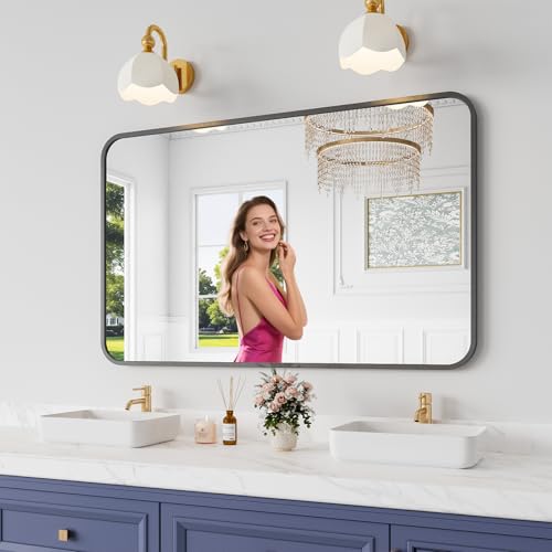 Koonmi Bathroom Mirror, 30X48 Brushed Black Metal Framed Wall-Mounted Mirror for Over Sink, HD Tempered Glass, Anti-Rust, Rounded Rectangle Mirror for Restroom, Bedroom, Hangs Horizontal or Vertical - color: Rounded Edged, size: 48"L x 30"W