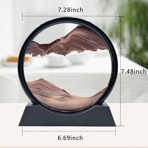 Moving Sand Art Liquid Motion, 3D Deep Sea Sandscape Color Quicksand Decor, Round Glass Moving Sand Art Picture Relaxing Desktop Home Office Work Decor (7 inch-Coffee) - color: Coffee, size: 7 inch