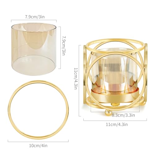 Gold Hurricane Candle Holder with Metal Frame & Windproof Glass Lid, Geometric Cutouts for Weddings, Parties, Home Decor - size: Small