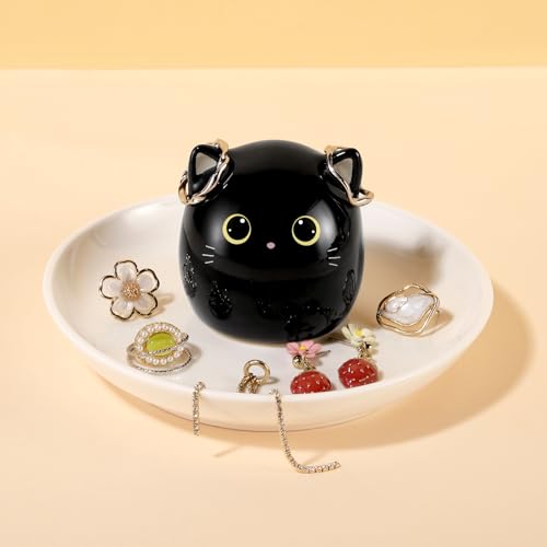 PUDDING CABIN Cat Lover Gifts for Women, Black Cat Ring Holder Dish for Jewelry Rings Earrings Necklace Watch Keys, Birthday Christmas Engagement Wedding Gifts - style: Black Kitty