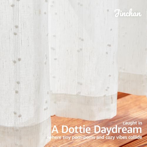 jinchan Semi Sheer Kitchen Curtains for Window 24 Inch Mini Pom-Pom Voile Tier Curtains Light Filtering Small Drapes for Bedroom Living Room Rod Pocket 2 Panels Linen Whisper - color: Dottie Linen Whisper, size: 26"W x 24"L (Pack of 2)
