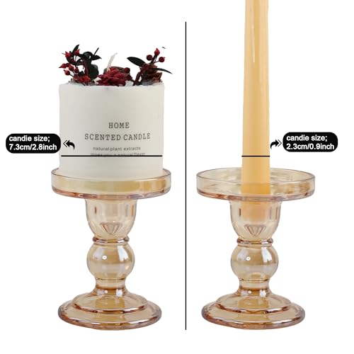 Glass Candle Holder Set of 4, Amber Candlestick Holders for Pillar Candles, 4.5" H, Candle Stand Decorations for Living Room - color: Amber