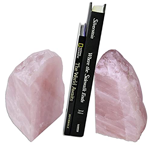 AMOYSTONE Decorative Rose Quartz Crystal Bookends - Non-Slip Rubber Bumpers for Cookbooks & Encyclopedias (1 Pair, 3-4 LBS) - color: Pink, size: 3-4 Pounds