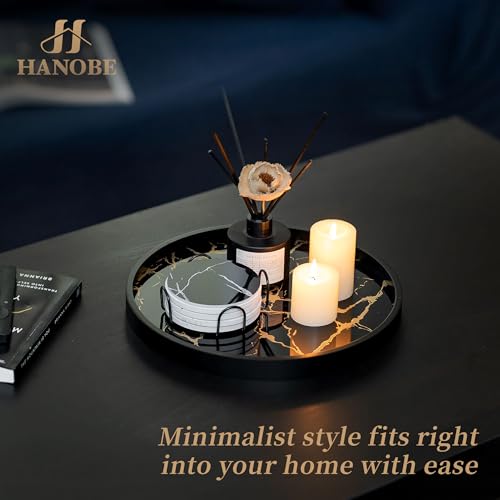 Hanobe Decorative Tray for Home Decor: Black Imitation Marble Round Serving Tray 11.8" Modern Coffee Table Centerpiece for Display Bar Table Living Room Entryway Kitchen Corner
