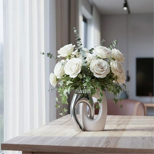 Ceramic Vase Set of 2 by DecoVlog, White and Silver Hollow Living Room Decor Vase, Minimalist Decorative Modern Boho Vase for Table Centerpiece Wedding Dining Living Room Office House Decoration - color: White&silver