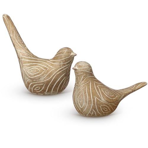Lewtemi 2 Set Large Bird Figurines Home Decor 4.5'' 6.1'' Resin Birds Statue Modern Wood Look Bird Figurines Animal Decor Sculptures for Living Room, Home, Office, Mothers Day