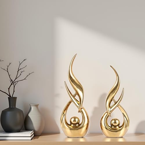 XMGZQ Gold Ceramic Abstract 2 Piece Statue Set,Mid Century Modern Abstract Art Home Decor Statue Mantelpiece on Unique Shelf Decor, TV Cabinet Divider Table top and Dining Table Centerpiece (Gold) - color: Gold