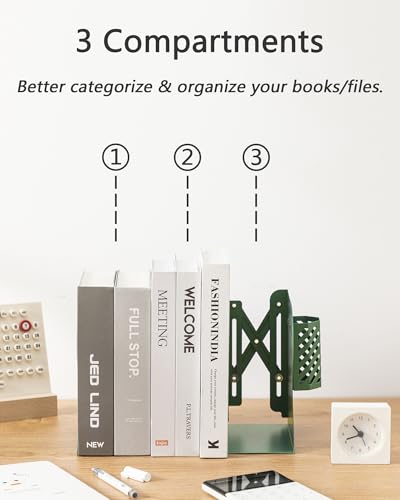 Kingsmile Book Ends, Adjustable Bookends for Shelves, Metal Bookends for Heavy Books, Book Stopper Organzier with Pen Holder for Desk, Kids Room, Office, Classroom, Library, Study Room.(Green) - color: Green