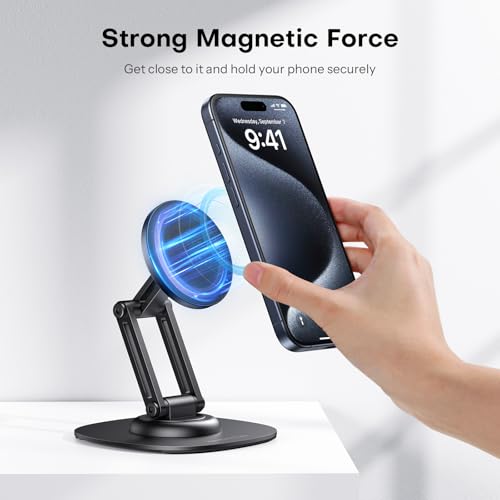 OMOTON 360°Rotating MS04 Magnetic Phone Stand for Desk, Adjustable Foldable Aluminum for MagSafe Cell Phone Stand Holder with Non-Slip Base, for iPhone 17/16/15/14 Pro Max Air, Black - color: Black