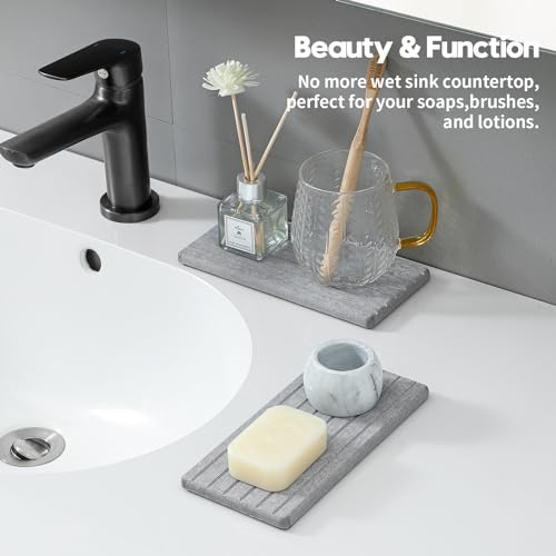 Razborci 2PCS Instant Dry Diatomite Stone Counter Makeup Tray Organizer, Fast Drying Caddy Kitchen Sponge Holder Mat, Bathroom Vanity Toothbrush Bottle Dispenser Soap Dish Rack, Light Gray, 8"x 3.8" - color: 2pcs - 8"x 3.8" - Light Gray