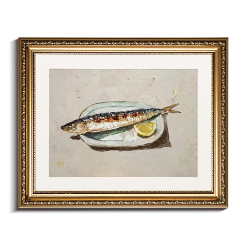 InSimSea Gold Framed Wall Art, Roasted Sardine Lemon Vintage Kitchen Wall Decor, Still Life Canvas Print Art, Dining Room Farmhouse Decor, Antique Paintings with Picture Frame 13x16inch - color: Roasted Sardine, size: 16"L x 13"W