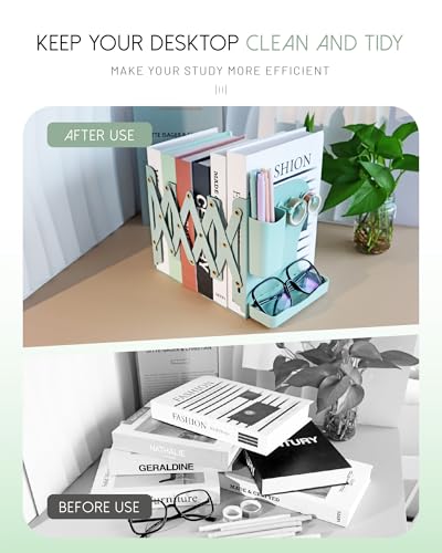 Heavy Duty Bookends Adjustable Book End, Desk Book Holder for Shelves, Book Organizer for Desk, Suitable for Office Home School (19.69 inches Max) (Green) - color: Green