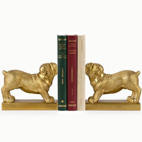Decorative Bookends for Shelves, Dog Book Ends for Heavy Books, Bulldog Statues Bookends for Heavy Books with Anti-Slip Base Book Holders for Home Office Decor (Gold) - color: Gold