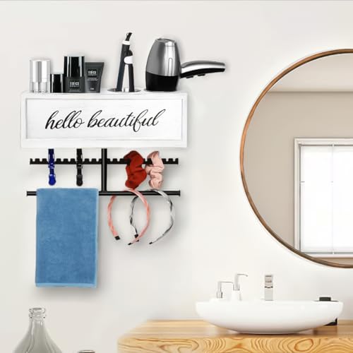 Rustic Hair Dryer Holder Wall Mounted,Hair Styling Tools & Accessories Organizer,Bathroom Supplies & hot Tools vanities Organizer Caddy,for Storage Flat Iron,Blow Dryer,Curling Iron (White) - color: White