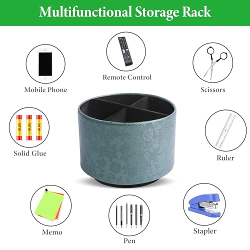 lizimandu Round Leather Art Supply Organizer,Remote Control Holder,360 Degree Spinning,Multi-Functional Pencil Holder,4 Compartments Desktop Stationary Organizer(1-Liuli Green) - color: 1-Liuli Green