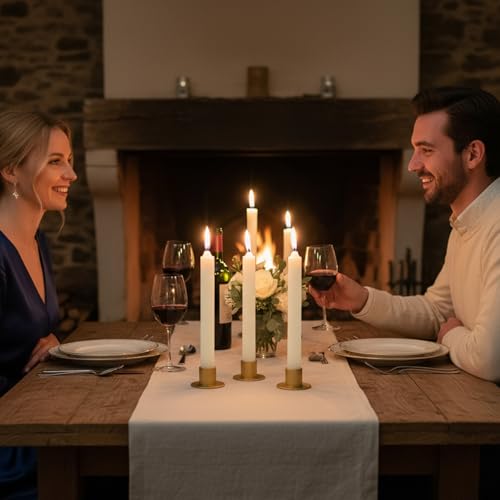 24 Pack Gold Taper Candle Holder Bulk for Pillar Candles, Metal Short Skinny Retro Flat Gold Tapered Candlestick Holders for Weeding Christmas Thanksgiving Dinner Party Table Centerpieces Decor
