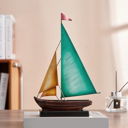 Vintage Sailboat Statue Decor for Living Room, Metal Boat Sculptures Decorations for Dining Room Office, Nautical Home Décor Accents for Shelf Bookshelf Coffee Table TV Stand (Yellow and Blue) - color: Yellow and Blue