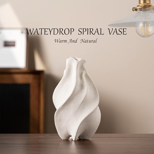 White Ceramic Vase, Waterdrop Spiral Creative Vases, Nordic Modern Boho ins Style, Classic Art Aesthetic Flower Vase for Home Decor (White W 5.12" X H 8.66")