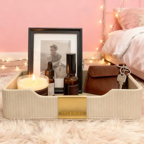Valet Tray Nightstand Storage Organizer - PU Leather Desktop Storage Organizer Fits Cosmetics Perfume Skincare Lipsticks for Dresser Vanity, Catchall Tray for Watch Wallet Phone Keys|Beige - color: Beige