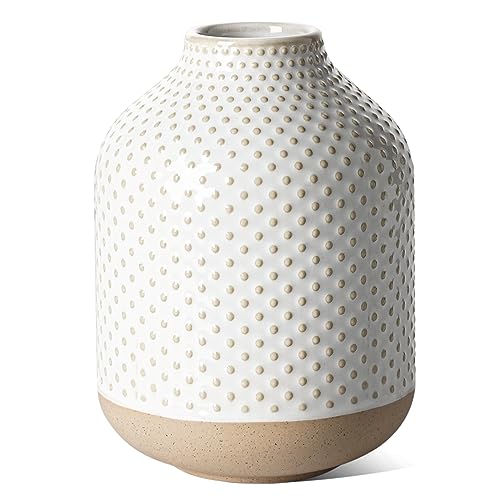 Boho Flower Vase - 5.3 Inch Ceramic White Vase for Pampas Grass, Eucalyptus & Bouquets, Small Home Decor Vases with Dot Embossment, Rustic Farmhouse Centerpiece - style: Dot