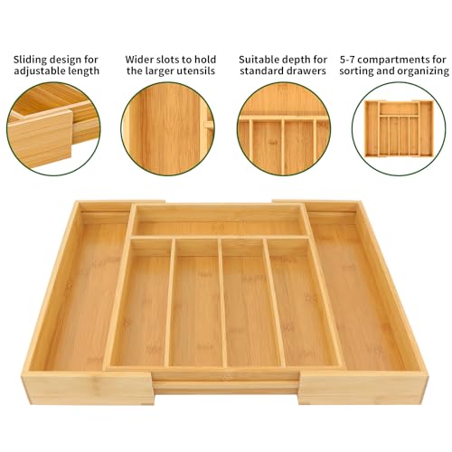 VaeFae Bamboo Drawer Organizer, Expandable Silverware Drawer Organizer, Cutlery Tray with Dividers for Kitchen Utensils, Medium - color: Natural, size: Medium