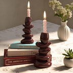 Faux Pebble Taper Candle Holders Set of 2, Modern Candlestick Holders for Table Centerpieces,Shelf Decor,Housewarming Gift, Fits 0.87'' Candles, Coffee Brown