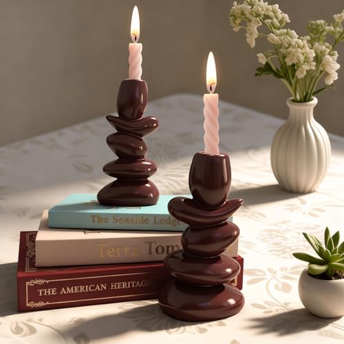Faux Pebble Taper Candle Holders Set of 2, Modern Candlestick Holders for Table Centerpieces,Shelf Decor,Housewarming Gift, Fits 0.87'' Candles, Coffee Brown