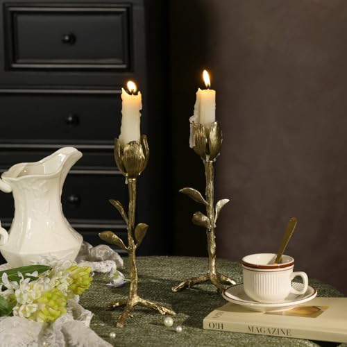 NIKKY HOME Gold Tulip Taper Candle Holders Set of 2, Vintage Elegant Flower Shaped Metal Candlestick for Table Centerpieces, Spring Wedding Decor and Dinner Party