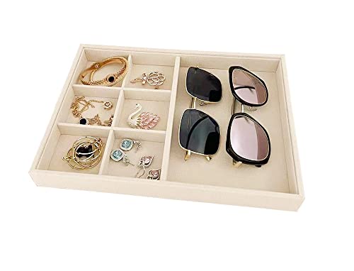 Premium Grade Beige Velvet Jewelry Organization Tray Multifunction 6 Grid Open Tray Drawer Insert Closet Divider Stackable Organizer - color: 6 Grid Open Tray