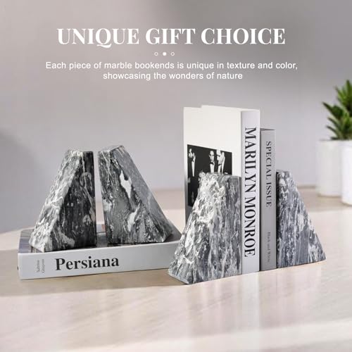 Koville Marble Bookends for Shelves, Large Bookends for Heavy Books, Natural Stone Book Stopper for Books CD Movies, Aesthetic Decorative Book Ends (Grey) - color: Gray